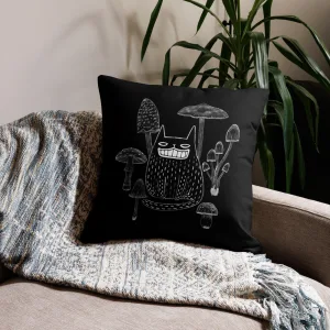 Black Cat and Mushrooms Throw Pillow