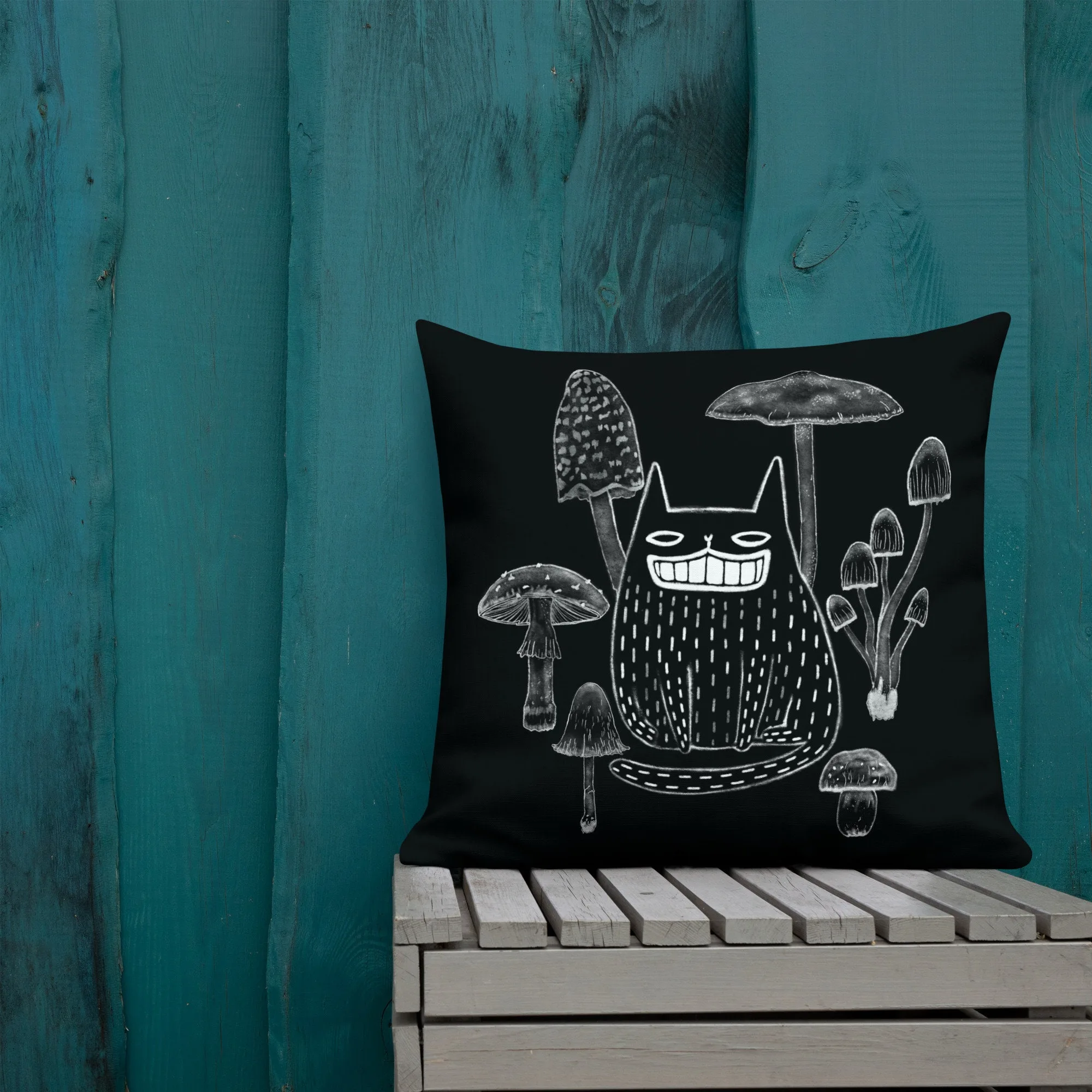 Black Cat and Mushrooms Throw Pillow