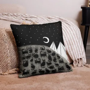 Black Cats Under Crescent Moon Throw Pillow
