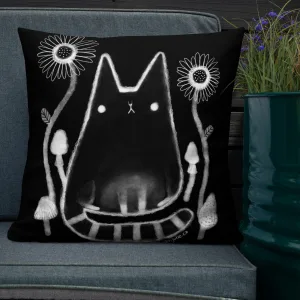 Cat with Mushrooms and Flowers Throw Pillow