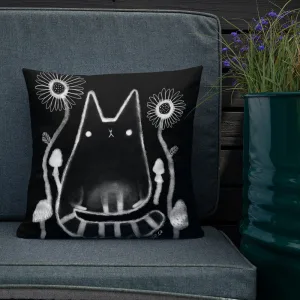 Cat with Mushrooms and Flowers Throw Pillow