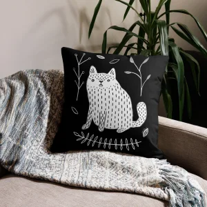 White Cat and Foliage Throw Pillow