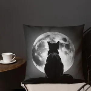 Black Cat Gazing at the Moon Throw Pillow