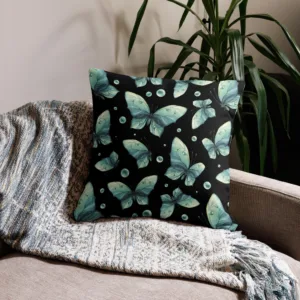 Green Blue Butterflies with Dew on Black Throw Pillow