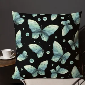 Green Blue Butterflies with Dew on Black Throw Pillow