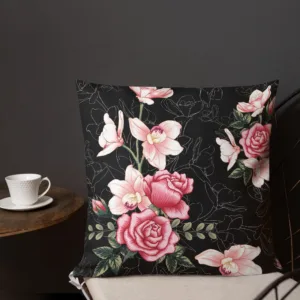 Pink Roses and Orchids on Black Throw Pillow