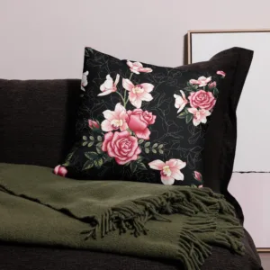 Pink Roses and Orchids on Black Throw Pillow