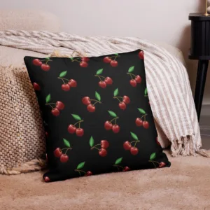 Red Cherry Pattern on Black Throw Pillow