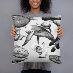 Whale Collage Black and White Throw Pillow